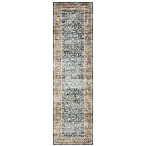 AVERLEY HOME Cascade Blue/Rust 2 ft. x 8 ft. Vintage Persian Polyester Machine Washable Indoor Runner Area Rug