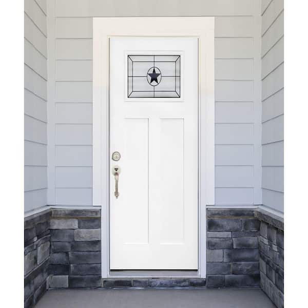 36 in. x 80 in. Legacy Series Alamo Toplite Decorative Glass White Primed RH Inswing Fiberglass Prehung Front Door