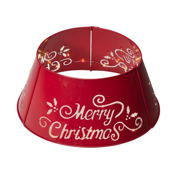 Glitzhome 22 in. D Red Merry Christmas Cutout Metal Tree Collar with Light String (KD)