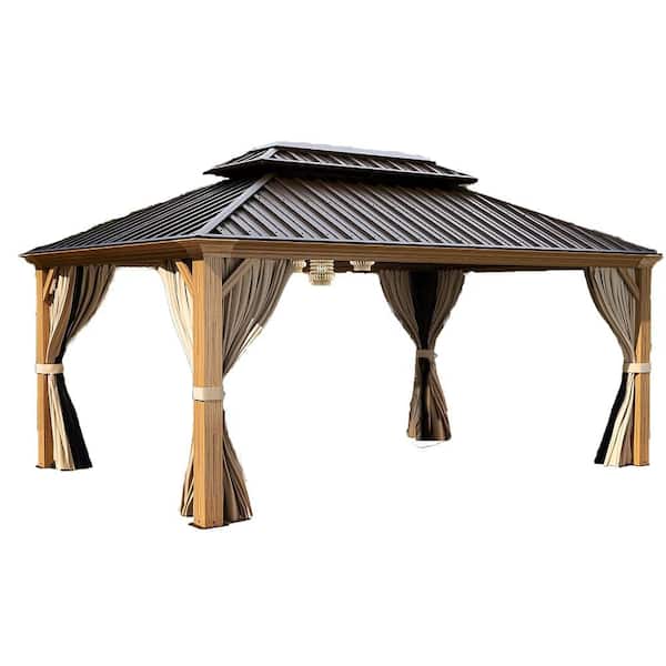 Unbranded 12 ft. x 16 ft. Hardtop Gazebo Metal Gazebo with Wood Grain Aluminum Frame, Galvanized Steel Double Roof