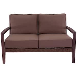 1-Piece Wood Outdoor Loveseat with Sunbrella Beige Cushions Bridgeport II Collection Rustic Taupe Brown Wood