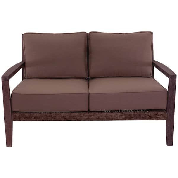 Courtyard Casual 1-Piece Wood Outdoor Loveseat with Sunbrella Beige Cushions Bridgeport II Collection Rustic Taupe Brown Wood
