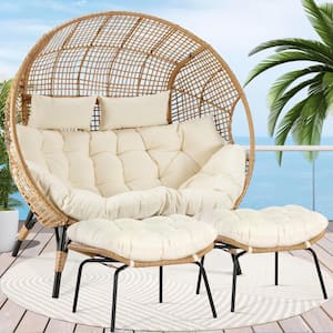 2-Person Beige Double PE Wicker Outdoor Lounge Egg Chair with Beige Cushion and 2 Pcs Ottoman