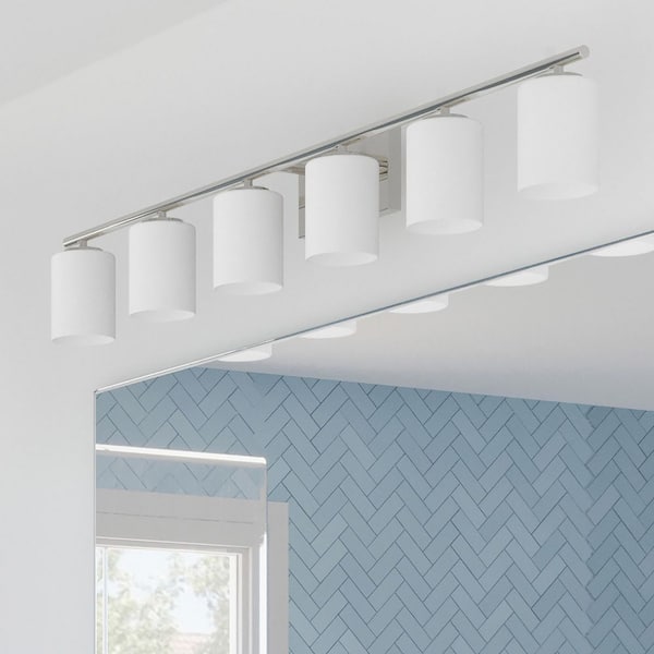 Replay Collection 48 in. 6-Light Brushed Nickel Vanity Light with Etched White Glass Shades Modern Bath for Bathroom