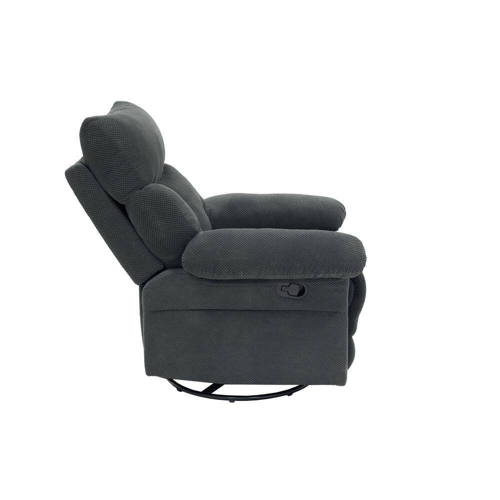 Dark gray fabric swivel rocker recliner armchair viewed from the front.