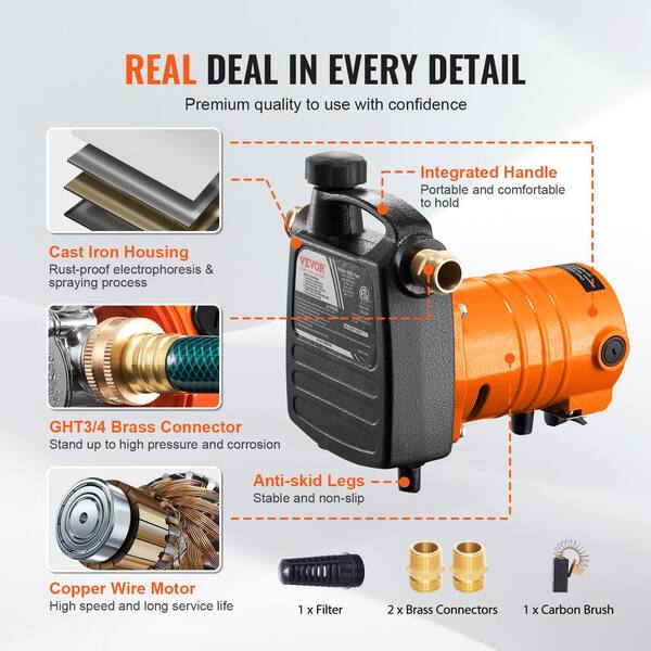 thumbnail image 2 of VEVOR Water Transfer Pump 120V AC 360 GPH 1/10 HP Portable Electric Utility Pump With 6 Ft Suction Hose Kit Carbon Brushes Impeller Suction Strainer For Garden Rain Barrel Pool Pond Aquarium 2 of 11