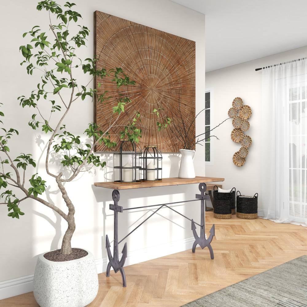 Black Solid Anchor Coastal Console Table with Brown Wood Top, 48"W x 31"H