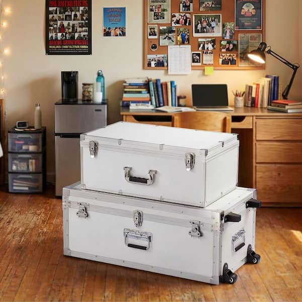 Set of 2 Metal Storage Trunks, Wooden Boxes with 30.04 in. White Backpack with Casters & 3 Handles, Decorative Chest