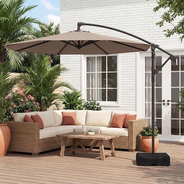 costway 10 patio outdoor sunshade hanging umbrella base stand 10 Feet Offset Umbrella with 8 Ribs Cantilever and Cross Base-Brown