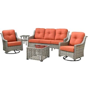 Verona Grey 5-Piece Wicker Modern Outdoor Patio Conversation Sofa Seating Set with Swivel Chairs and Red Cushions