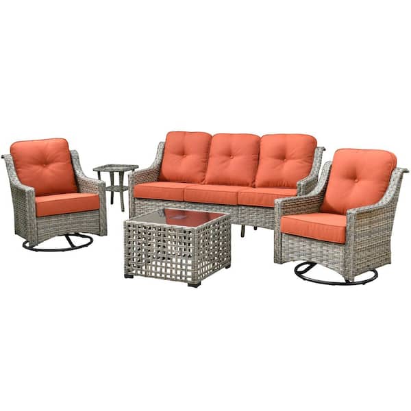 Verona Grey 5-Piece Wicker Modern Outdoor Patio Conversation Sofa Seating Set with Swivel Chairs and Red Cushions