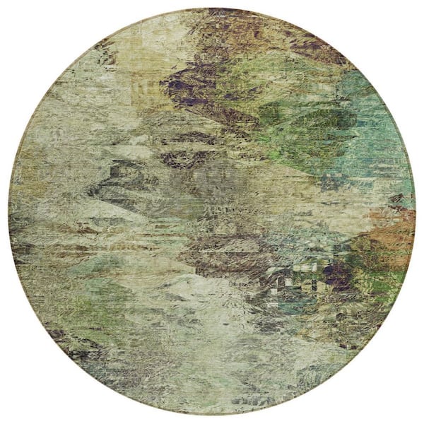 Beige, Green, Artichoke Green 8 Round. Woven Abstract Polyester Round Indoor / Outdoor Area Rug