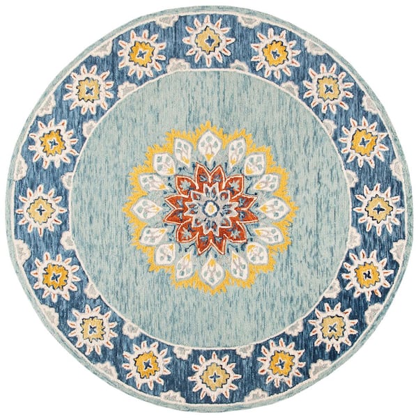 Blossom 6 ft. x 6 ft. Round Blue/Gold Floral Border Medallion Area Rug