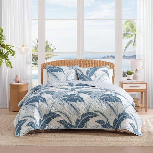 Vintage Palms 3-Piece White/Blue Cotton Percale Full/Queen Quilt Set