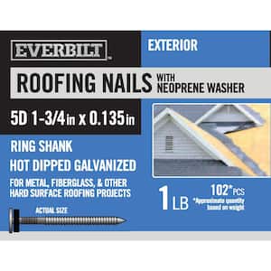 5D 1-3/4 in. Roofing Nails with Neoprene Washer Ring Shank Hot Dipped Galvanized 1 lb (Approximately 102 Pieces)