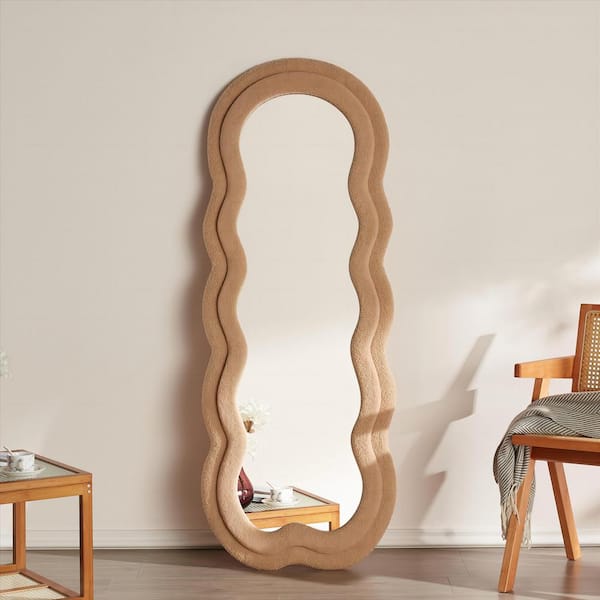 ORGANNICE 24 in. W x 63 in. H Irregular Milk Tea Wave Shaped Flannelette Wood Framed Full Length Mirror