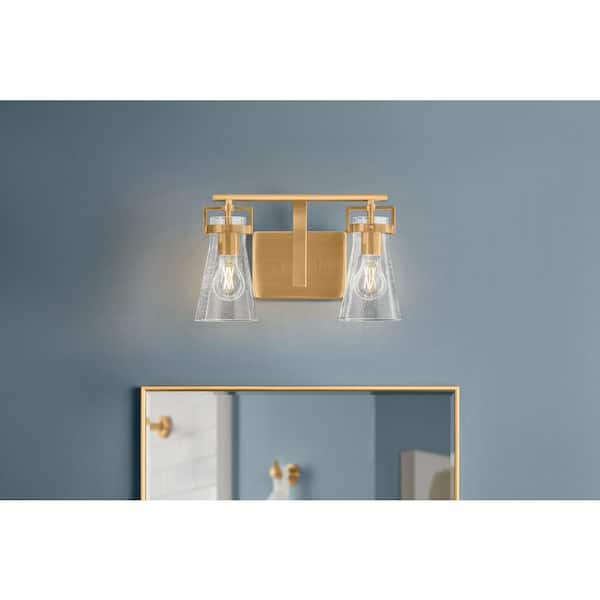 Clermont 14.75 in. 2-Light Satin Brass Bathroom Vanity Light with Seeded Glass Shades