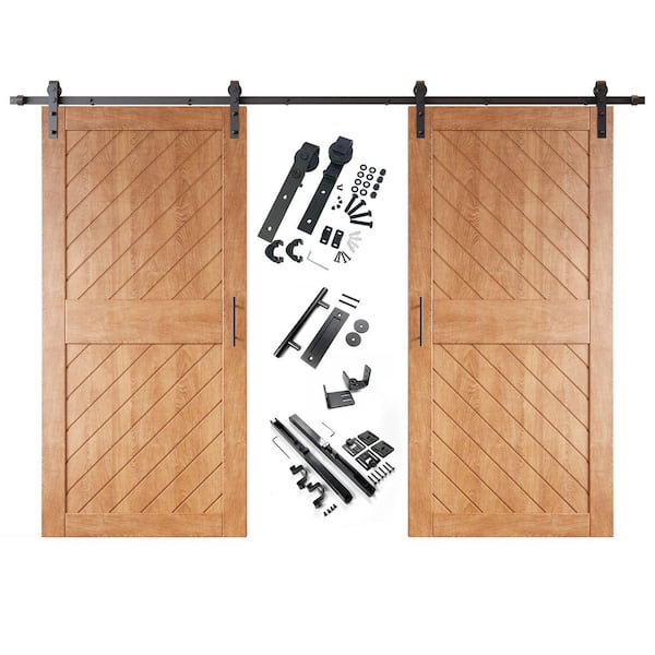 HOMACER XT1 32 in. x 84 in. C-Panel Early American Slanted Stripe Design Double Pine Wood Sliding Barn Door with Hardware Kit