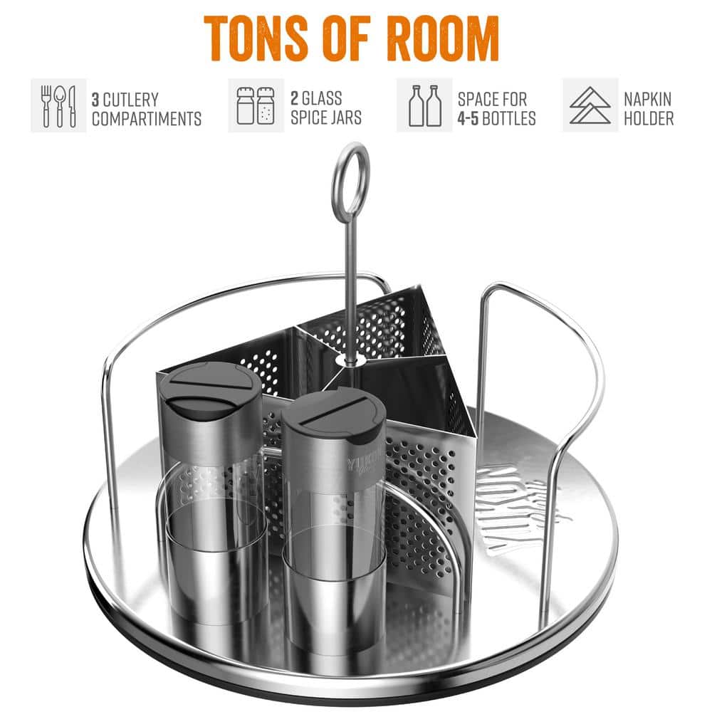 Stainless Steel Rotating Condiment Caddy with Utensil Holder