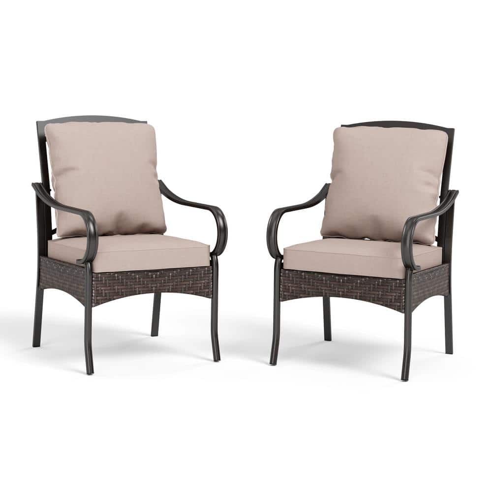 PHI VILLA Metal Frame Patio Dining Chair with Beige Thick Cushions (2
