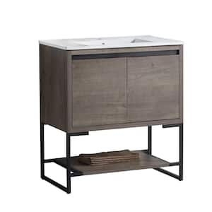 32 in. W x 18 in. D x 34.25 in. H Freestanding Bath Vanity in Gray Brown Plywood Grain with White Ceramic Top