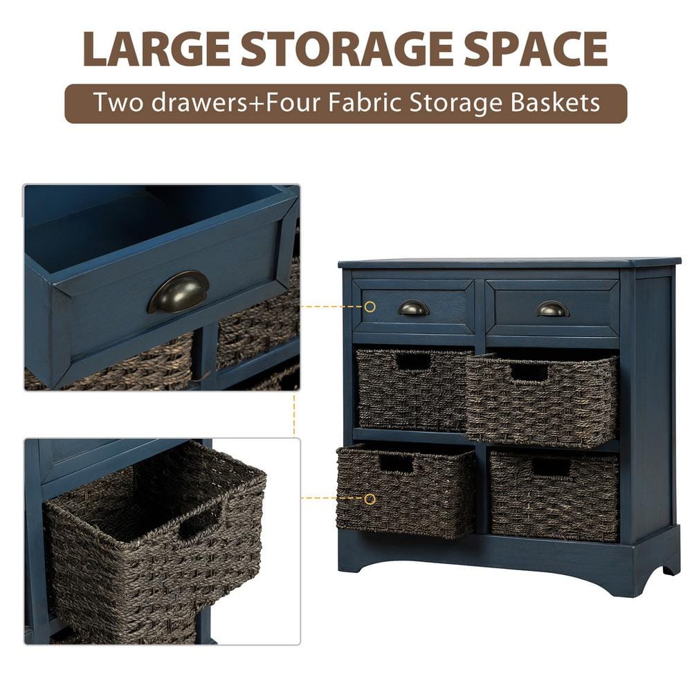 Antique Navy Acacia Wood Storage Cabinet with Rattan Baskets