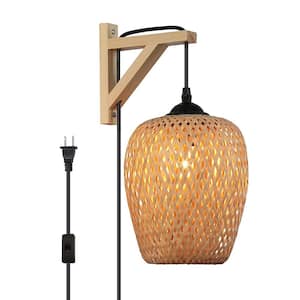 Industrial 6.69 in. Bamboo 1-Light Wood Base Basket Plug in Wall Sconces, Rustic Adjustable Height Pulley Wall Lamp