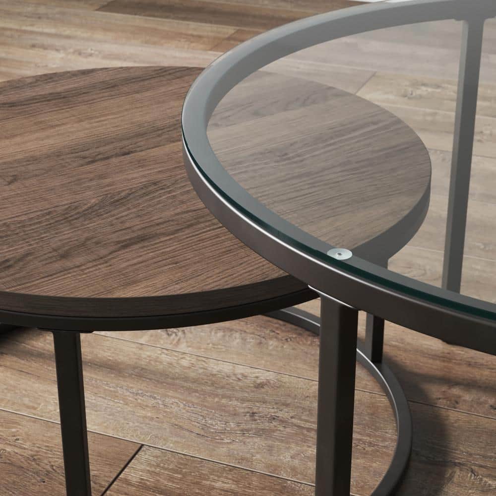 Stella 32" Round Rustic Oak and Glass Nesting Coffee Table Set