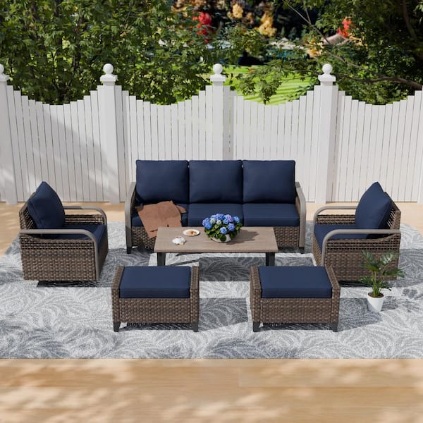 6-Piece Brown Wicker Outdoor Patio Conversation Seating Set Swivel Chairs with Blue Cushions, Ottomans and Coffee Table