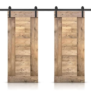 60 in. x 84 in. Light Brown Stained DIY Knotty Pine Wood Interior Double Sliding Barn Door with Hardware Kit