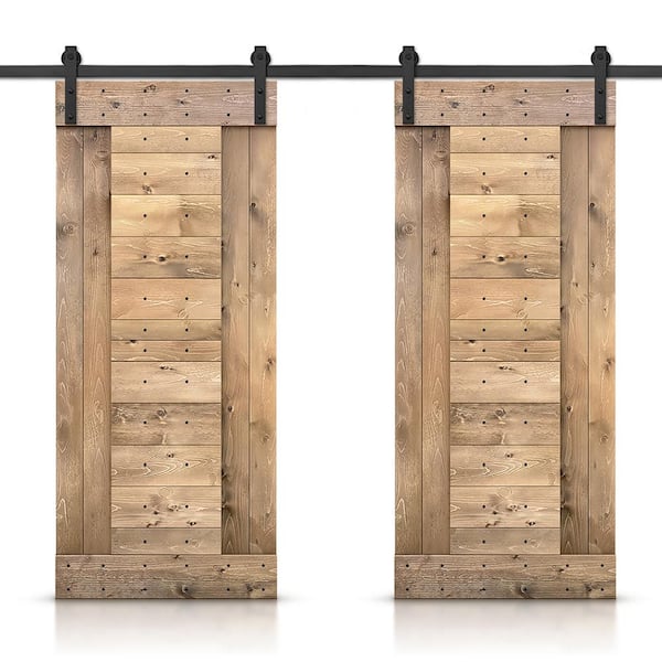 CALHOME 72 in. x 84 in. Light Brown Stained DIY Knotty Pine Wood Interior Double Sliding Barn Door with Hardware Kit