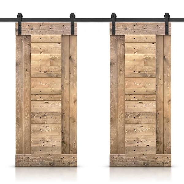 CALHOME 84 in. x 84 in. Light Brown Stained DIY Knotty Pine Wood Interior Double Sliding Barn Door with Hardware Kit