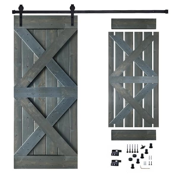 Akicon 30 in. x 84 in. Grey Painted Wood Sliding Door with Hardware Kit, Pre-Drilled Ready to Assemble