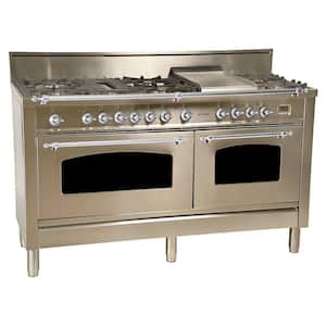 60 in. 6 cu. ft. Double Oven Dual Fuel Italian Range True Convection, 8 Burners, Griddle, Chrome Trim/Stainless Steel