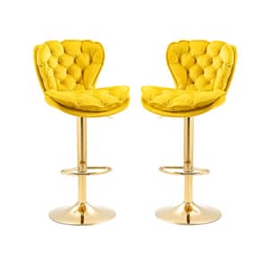 44 in. Mustard Yellow Velvet Swivel Low Back Matal Frame Adjustable Cushioned Counter Height Bar Stool (Set of 2)