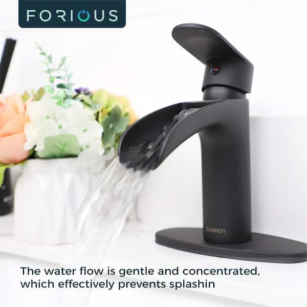 Waterfall Single Handle Bathroom Faucet with Metal Pop-Up Drain, Bathroom Sink Faucet Matte Black in Bathroom
