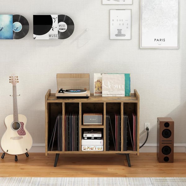 Karl home Record Player Stand Brown 26.38 in. H Turntable Stand with Storage Album Storage Cabinet for Bedroom Living Room Office