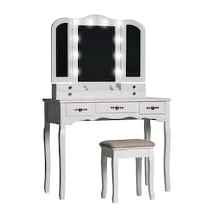 Modern Wooden White Bedroom Vanity Sets Makeup Table With Stool and LED Bulbs Fold Mirror