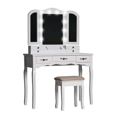 Veikous Modern White Wooden Vanity, Vanity Table And Mirror With Lights