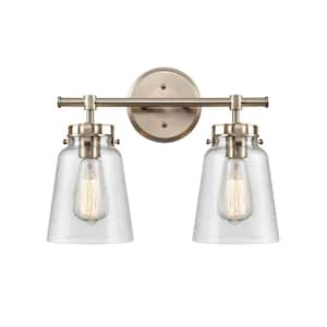 Amberose 16 in. 2-Light Modern Gold Vanity Light with Hammered Glass