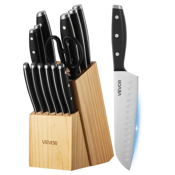 Kitchen Knife Set with Block and Sharpener, 15-Piece High Carbon Stainless Steel Sharp Knife Set, Kitchen Cutlery