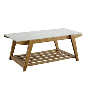 Celeste 48 in. White/Oak Large Rectangle Stone Coffee Table with Shelf