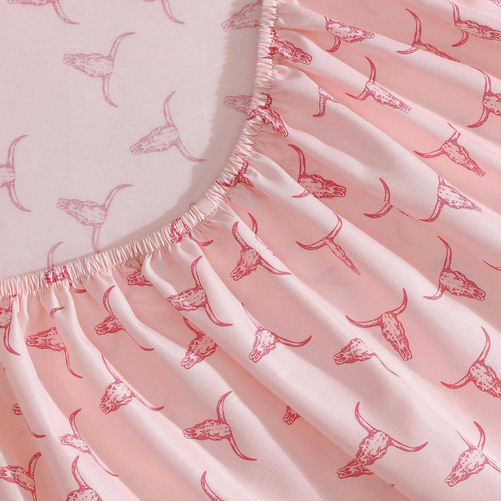 Pink Steer Skulls Print Queen Microfiber Sheet Set