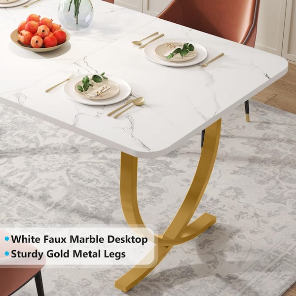 Delilah Modern White Gold Wood 63 in. Trestle Dining Table Rectangle Kitchen Table Seats-6 Faux Marble Particle Board