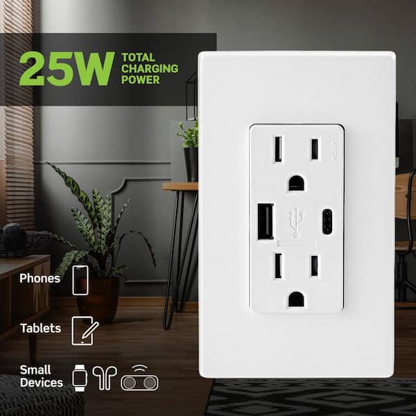 15 Amp Decora Type A and C USB Charger Tamper-Resistant Outlet, White T5633-BW