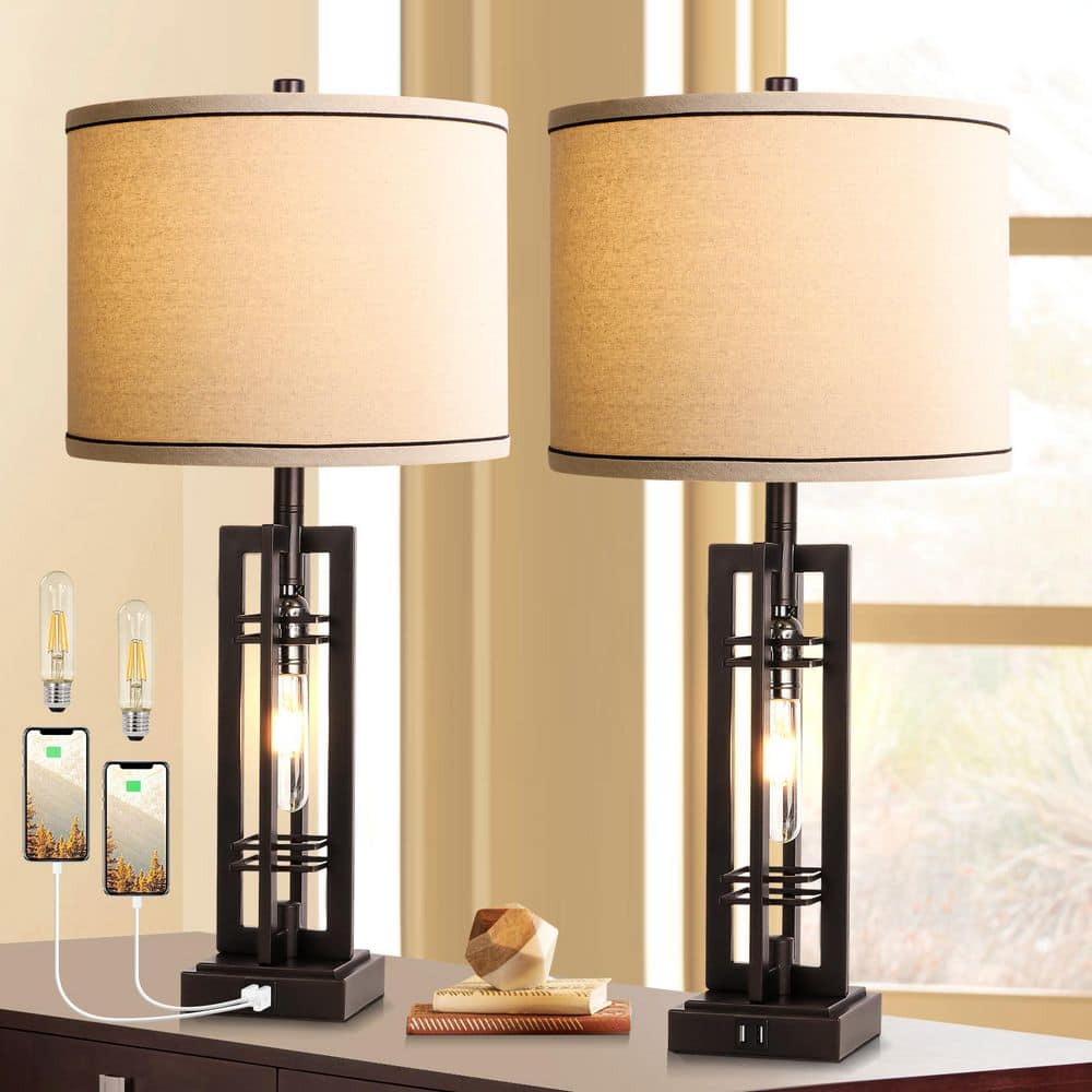27.5 in. Bronze Farmhouse Table Lamps Set Of 2 with USB C and A Ports, Blac