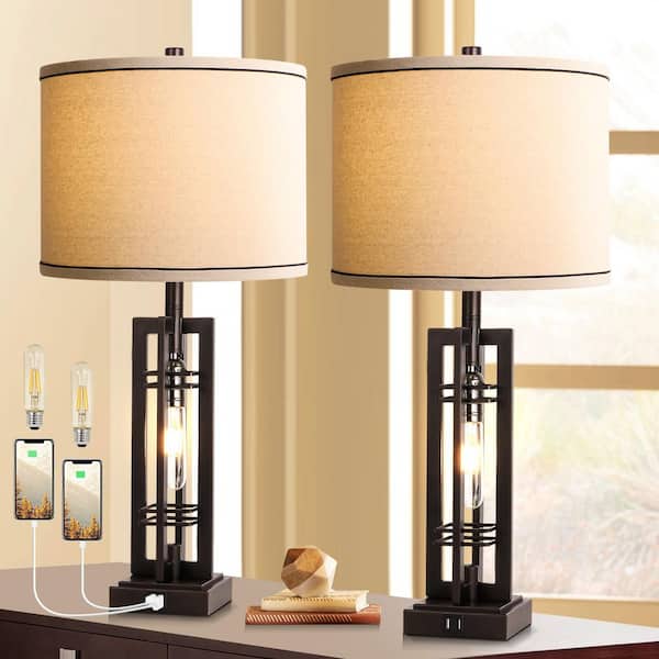 27.5 in. Bronze Farmhouse Table Lamps Set Of 2 with USB C and A Ports, Black Industrial End Table Lamp for living room