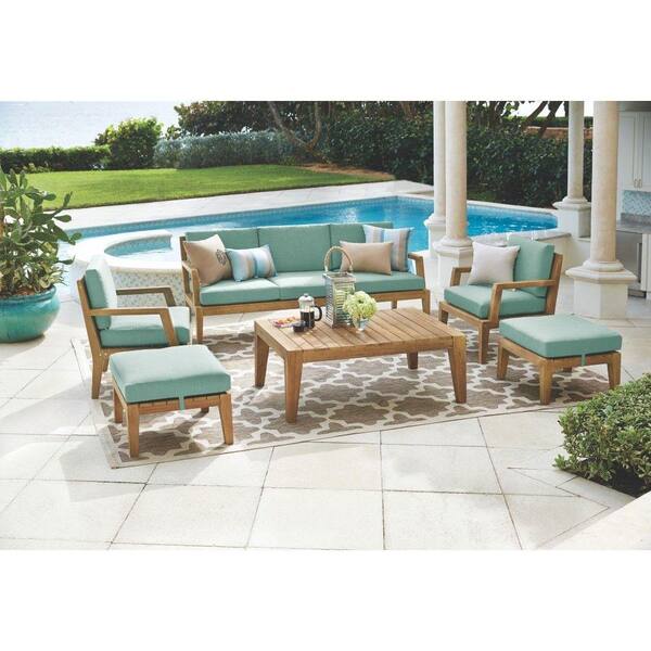 Home Decorators Collection Bermuda 6-Piece All-Weather Eucalyptus Wood Patio Seating Set with Spa Blue Fabric