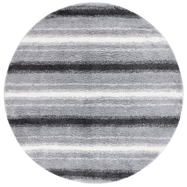 SAFAVIEH Border and Stripe Shag 7 ft. x 7 ft. Gray/Black Faded Striped Round Area Rug