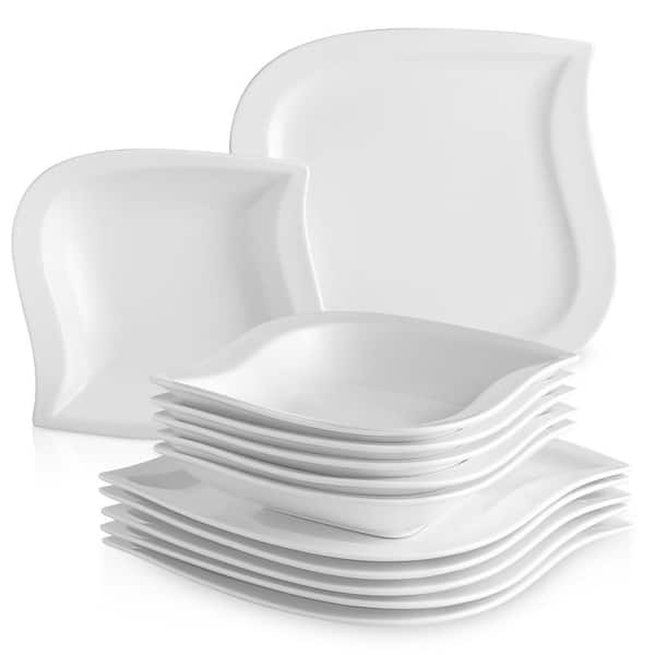 Service for 12 MALACASA 24-Piece Dinner Set Ivory White Porcelain Crockery Set with 12-Piece Dinner Plates and 12-Piece Soup Plates Series Carina